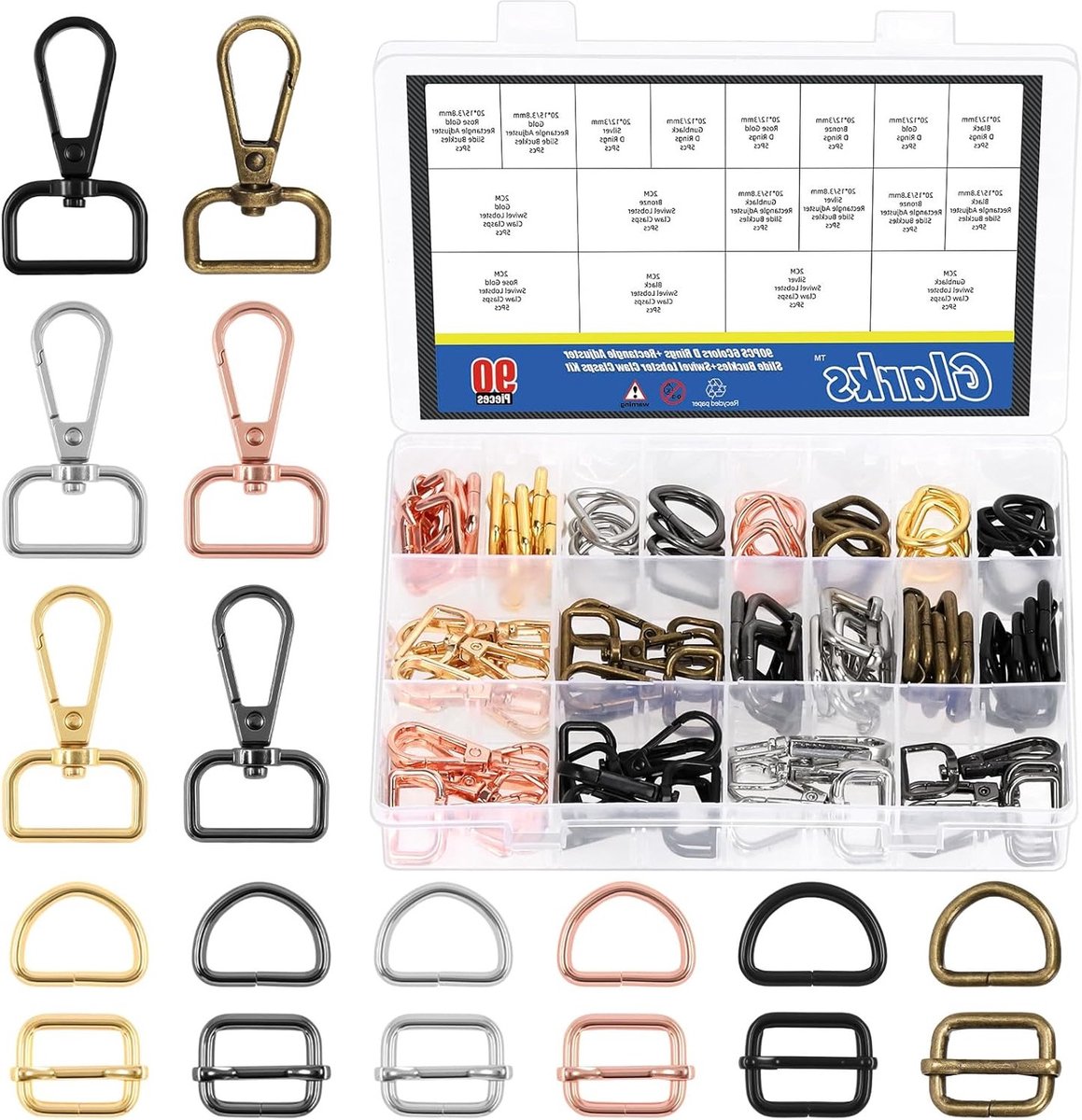 90-delige D-ring en swivel lobster clasp set, metalen D-ringen en slides voor handtassen, honden- en kattenhalsbanden, DIY accessoires en sluitingen in zilver