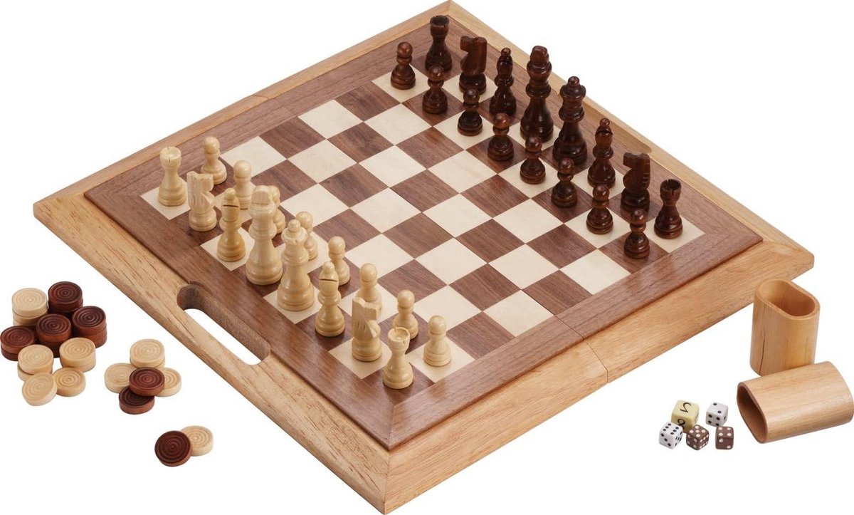 3-in-1 Gezelschapsspel - Schaakspel Damspel Backgammon - Spelplezier Thuis - Opvouwbaar Met Handvat - 39 x 39 cm - Houtkleur