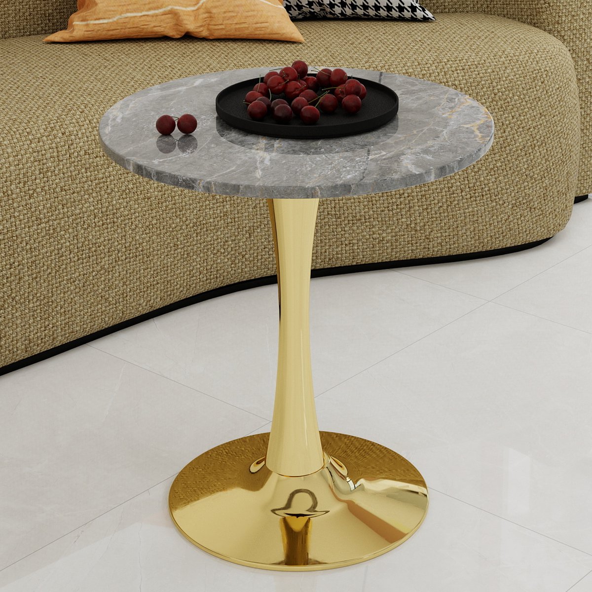 FloraGrace Bijzettafel - Ronde Tafel Met Minimalistisch Design - Voor Woonkamer En Eethoek - Kunstmarmer - Goud