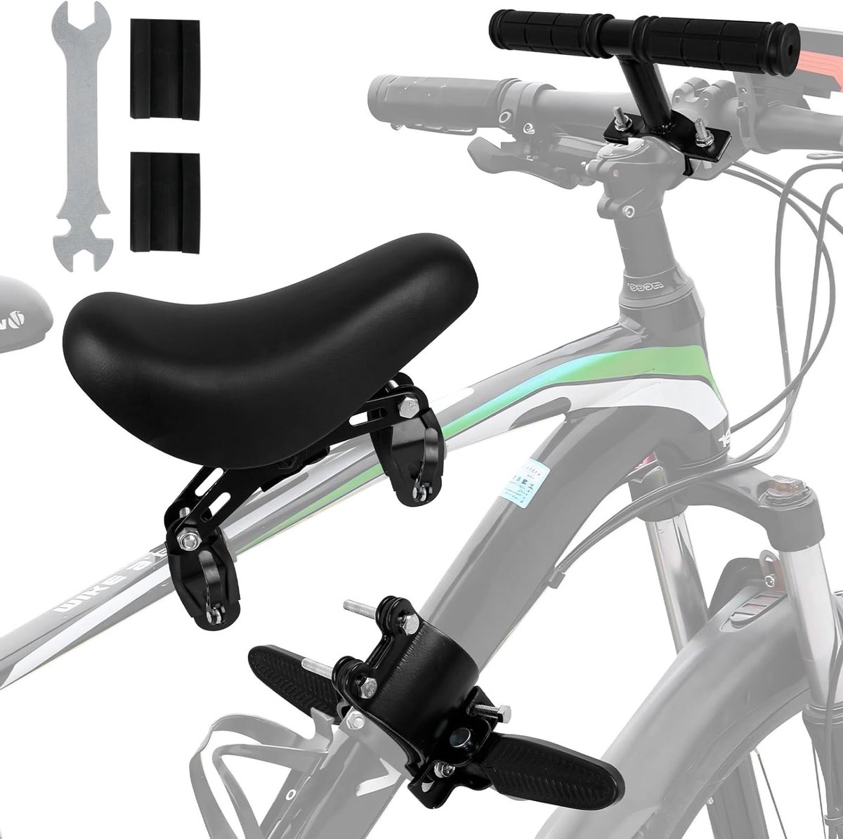 Voor kinderen, vooraan gemonteerd fietsstoeltje, universele maat, aluminium, met installatieaccessoires en armsteun