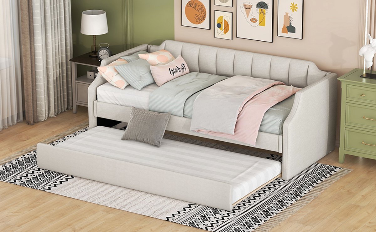 FloraGrace Gestoffeerd Daybed 90x200 cm - Uitschuifbaar Met Logeerbed - Ruimtebesparend - Zonder Matras - Beige