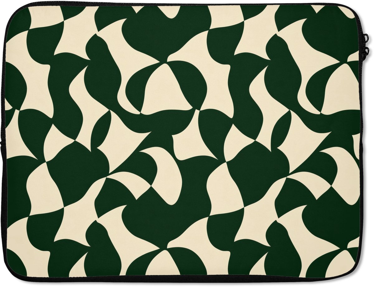 Laptophoes 15.6 inch - Groen - Organische vlakken - Crème - Laptop sleeve - Binnenmaat 37x26 cm - Zwarte achterkant