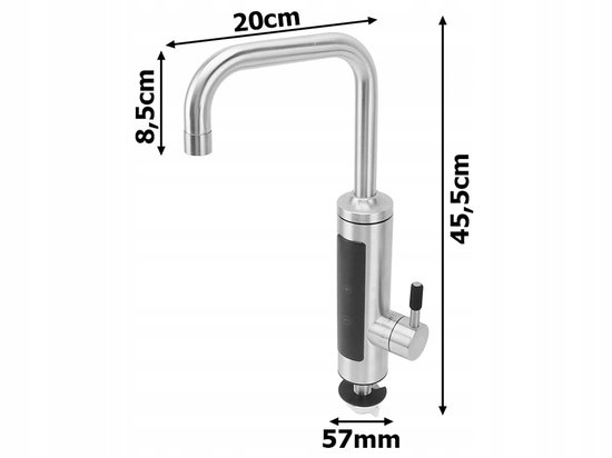 RVS kraan met gebogen uitloop en digitaal display, met afmetingen 20cm, 8,5cm, 45,5cm en 57mm.