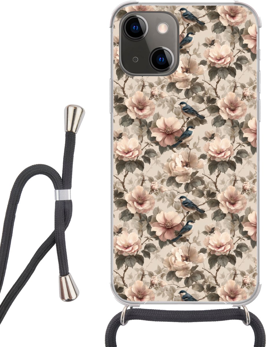 Telefoonhoesje Geschikt voor iPhone 13 Mini - Klassiek - Vogels - Kleurrijk - Siliconen - Crossbody - Backcover met Koord - Telefoonhoesje met koord - Hoesje met touw Telefoonhoesje