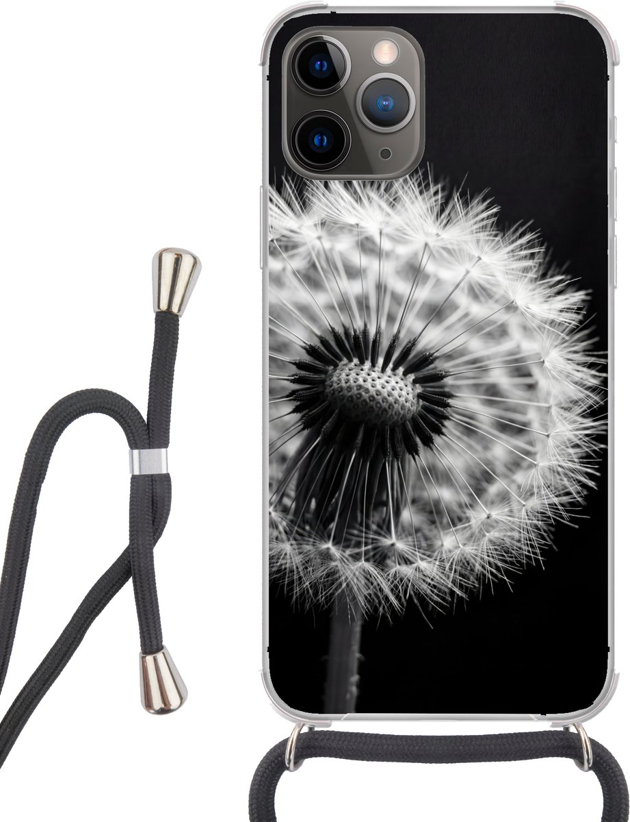 Telefoonhoesje Geschikt voor iPhone 13 Pro - Paardenbloem - Zwart - Wit - Siliconen - Crossbody - Backcover met Koord - Telefoonhoesje met koord - Hoesje met touw Telefoonhoesje