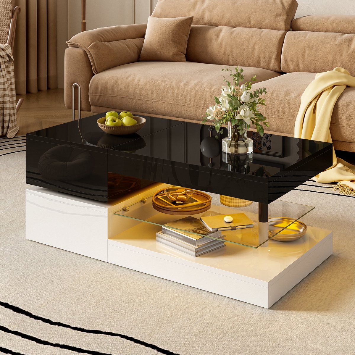 MIVRAY Salontafel - Slimme Ledverlichting Met Glasplateau - Voor Woonkamer - Spaanplaat Hoogglans - 90x45x35,5 Cm - Zwart Wit
