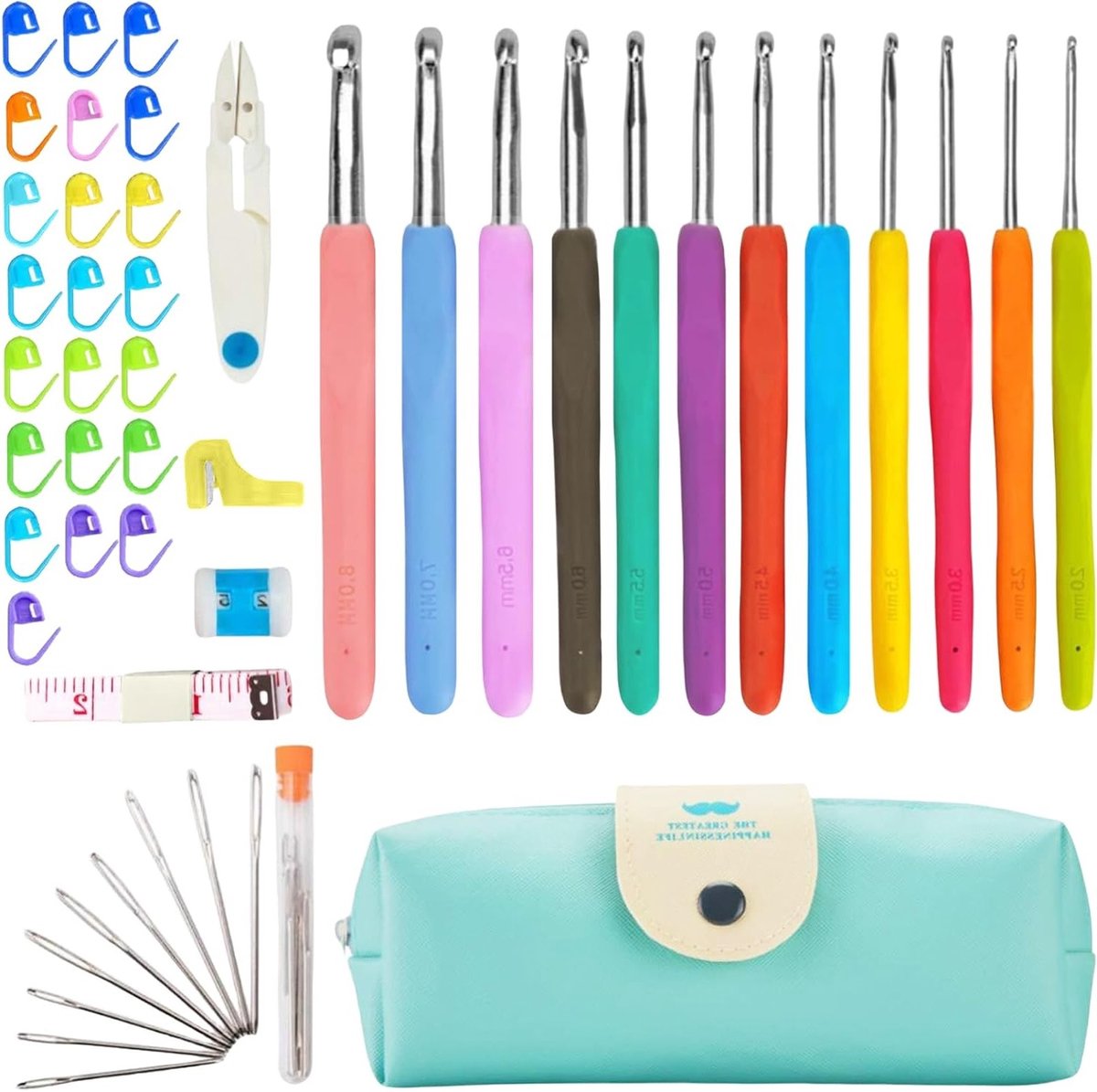 Haaknaalden Set van 47 Stukken, 12 Maten van 2mm tot 8mm met Haakaccessoires en Draagtas, Ideaal voor Kinderen en Beginners, Perfect voor Haken en Creatieve Projecten