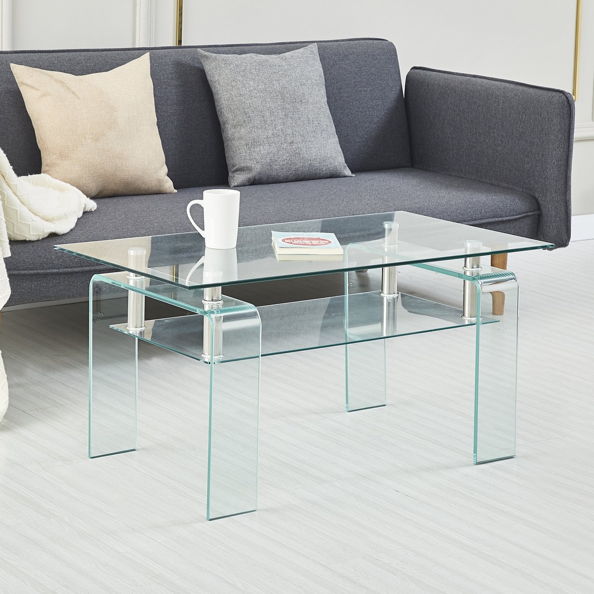 MIVRAY Salontafel - Tweelaags Gehard Glas Voor Woonkamer Of Kantoor - Metaal En Transparant Glas - 100x55x45 Cm