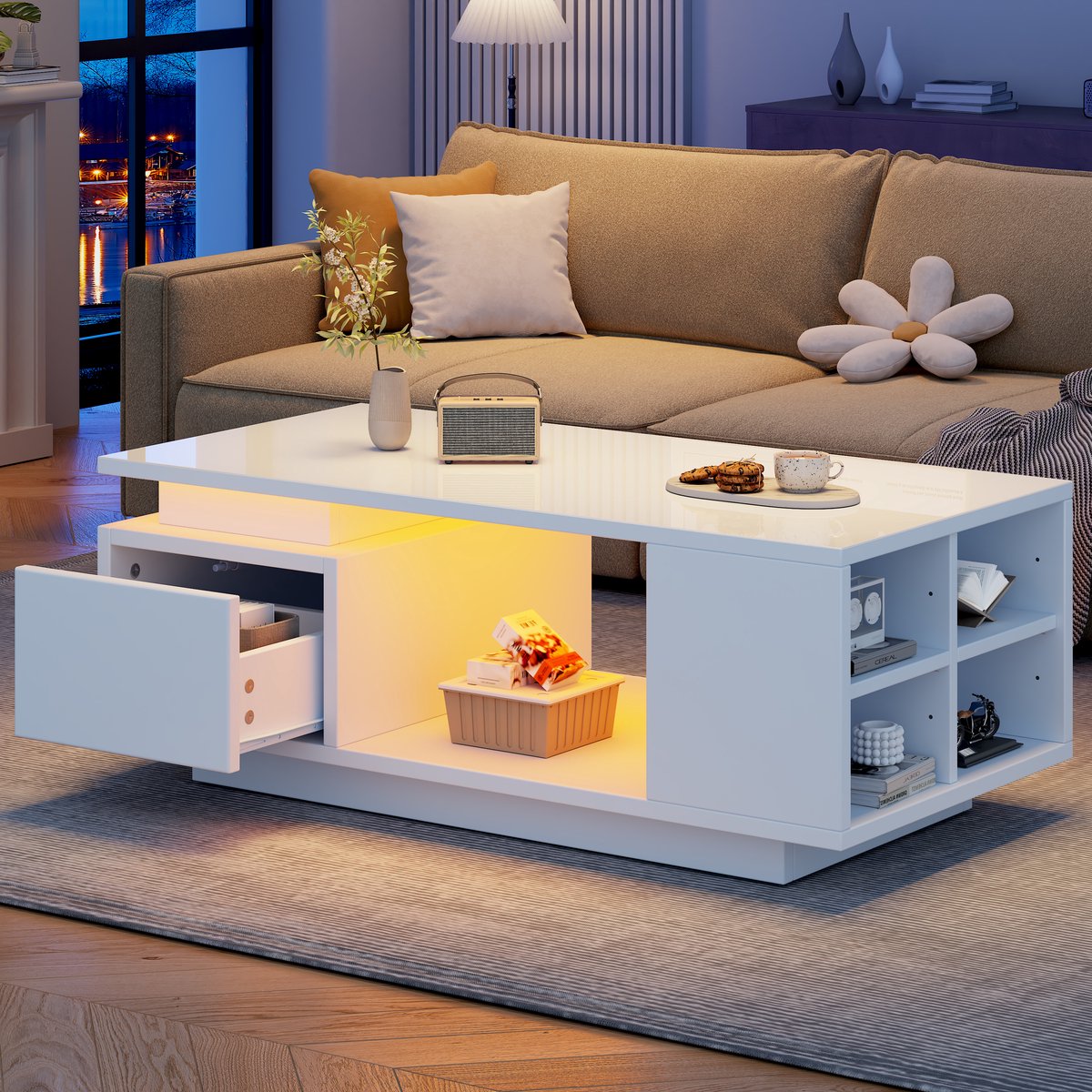 MIVRAY Salontafel - Hoogglans Met Ledverlichting En Lade - Voor Woonkamer - Spaanplaat Wit - 100 X 50 X 36 Cm