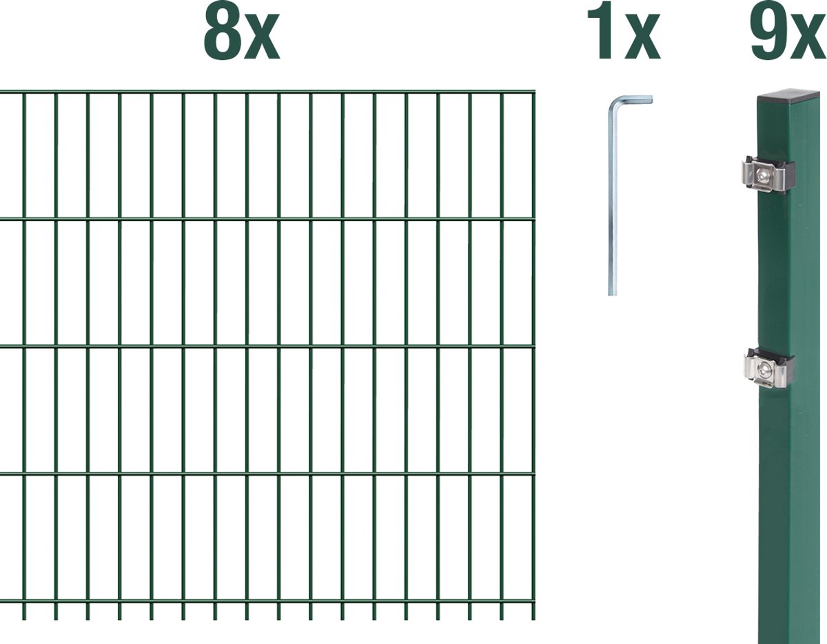Alberts 671921 dubbelstaafmat hekwerk als 22-delige complete hekwerkset, kunststofgecoat, groen, hoogte 83 cm, lengte 20 m