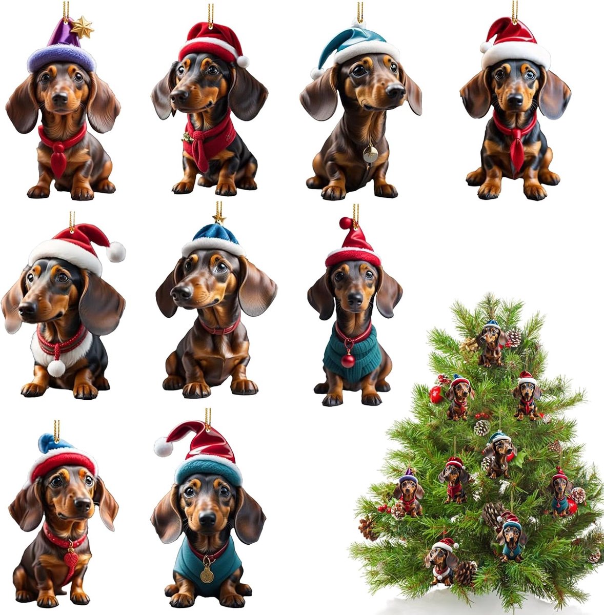 Kerstboomversieringen voor Honden – 9 Stuks – Decoratieve Hangers voor Kerstboom – Teckel Thema – Kerstdecoratie voor Huisdieren