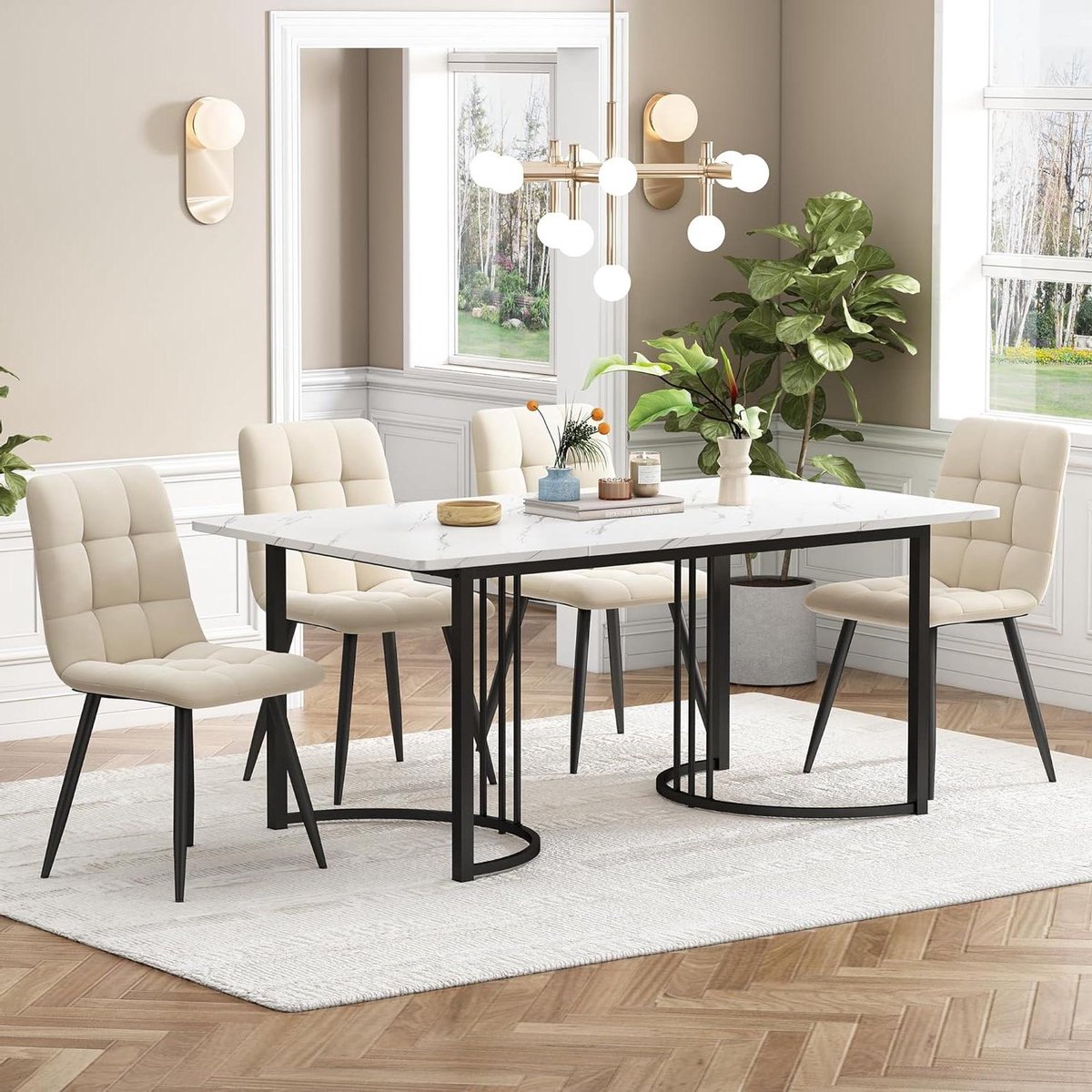 Eetgroep 5-delig - Eettafel met stoelen - Samen eten - Marmerpatroon tafelblad - 140 x 80 cm - Beige fluweel
