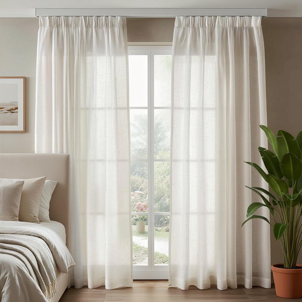 Deconovo set van 2 halftransparante gordijnen met ruches voor de woonkamer, 140×245 CM, Linnen