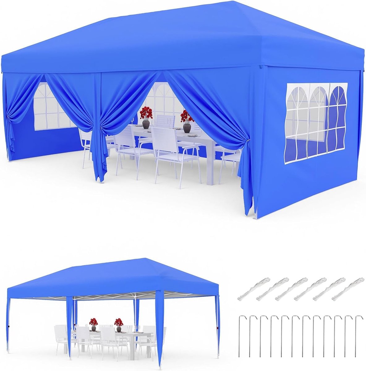 Opvouwbare 3x6m Partytent met 6 Zijwanden – Waterdicht & UV50+, in 3 Hoogtes Verstelbaar – Verstelbare Pop-up Luifel 420D Oxford met Draagtas – Blauw