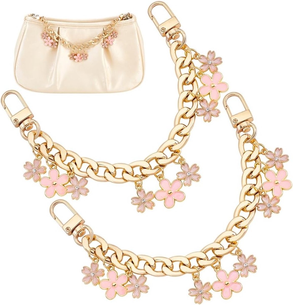 2 Stuks Schattige Roze Bloem Sleutelhanger Decoratie, 20 cm Handtas Ketting en Portemonnee Extender voor Lente en Zomer Accessoires