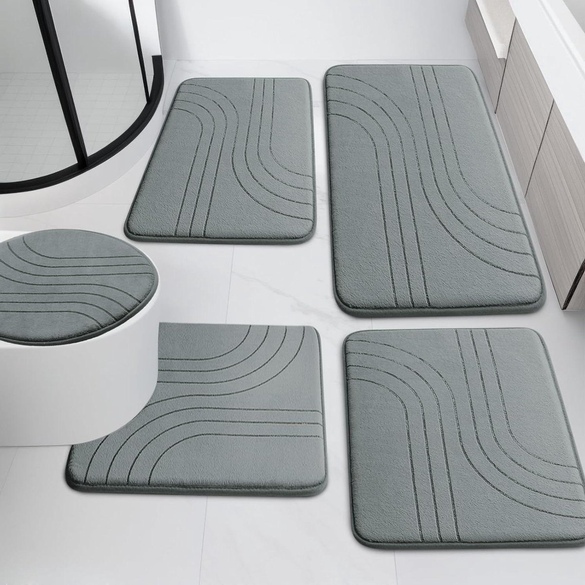 Badkamermatten Set - Antislip Matten - Badkamer Comfort - Extra Dik Schuim - 5 Stuks - Lichtgrijs