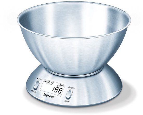 Beurer KS 54 Digitale RVS Keukenweegschaal - 1,5 liter RVS kom - Tot 5 kg - Timer - Incl. kamerthermometer - Tarra - Automatische uitschakeling - Incl. batterijen - 5 Jaar garantie