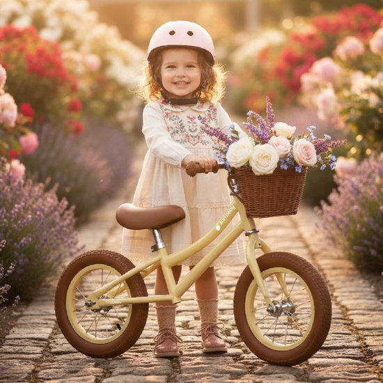 Meisje met roze helm en jurk lacht, staand naast gele loopfiets met bloemenmandje in tuin.