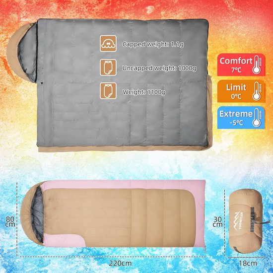 Rechthoekige Slaapzak - Donsslaapzak Kamperen - Outdoor Avonturen - Afneembare Hoed - 220x80 cm - Roze — afbeelding 2