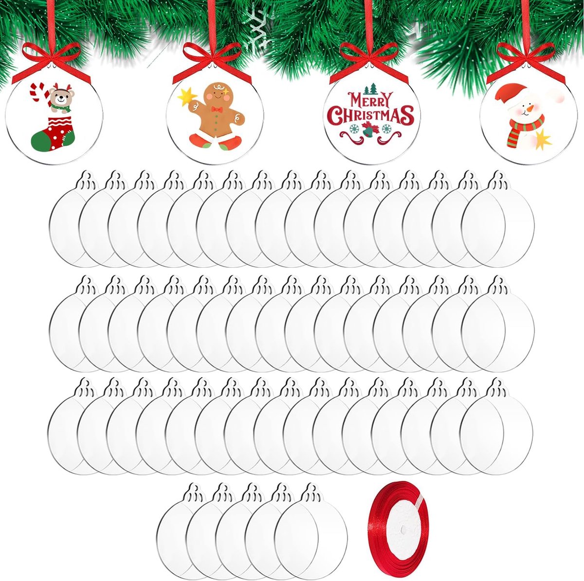 Pack van 50 Transparante Acryl Kerstballen - Met Ribbon - Platte Ballen voor Creatieve Projecten - Transparante Acryl Schijven voor Kerstboom Decoratie - 7.5 x 7.5 cm