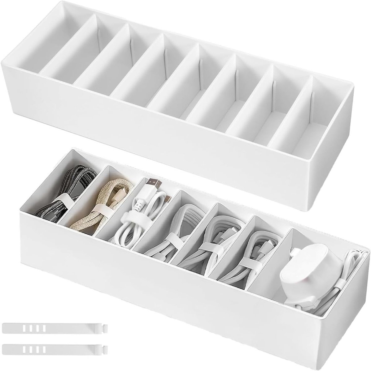 Kabelopbergdoos met 2 compartimenten, verstelbare indeling en kabelbinders voor het opbergen van laadkabels en accessoires