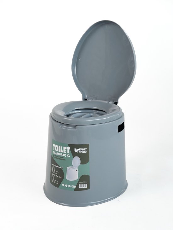 Grijze draagbare toiletpot met deksel omhoog, met een label met de tekst 'TOILET DRAAGBAAR XL'.