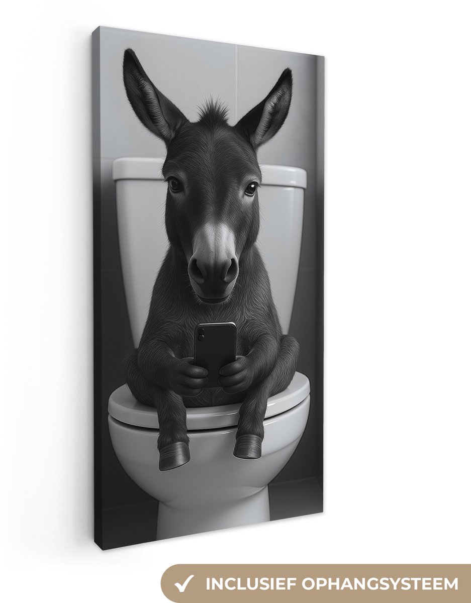 Canvas schilderij 40x80 cm - Exclusieve wanddecoratie Ezel - Telefoon - Toilet - Zwart - W