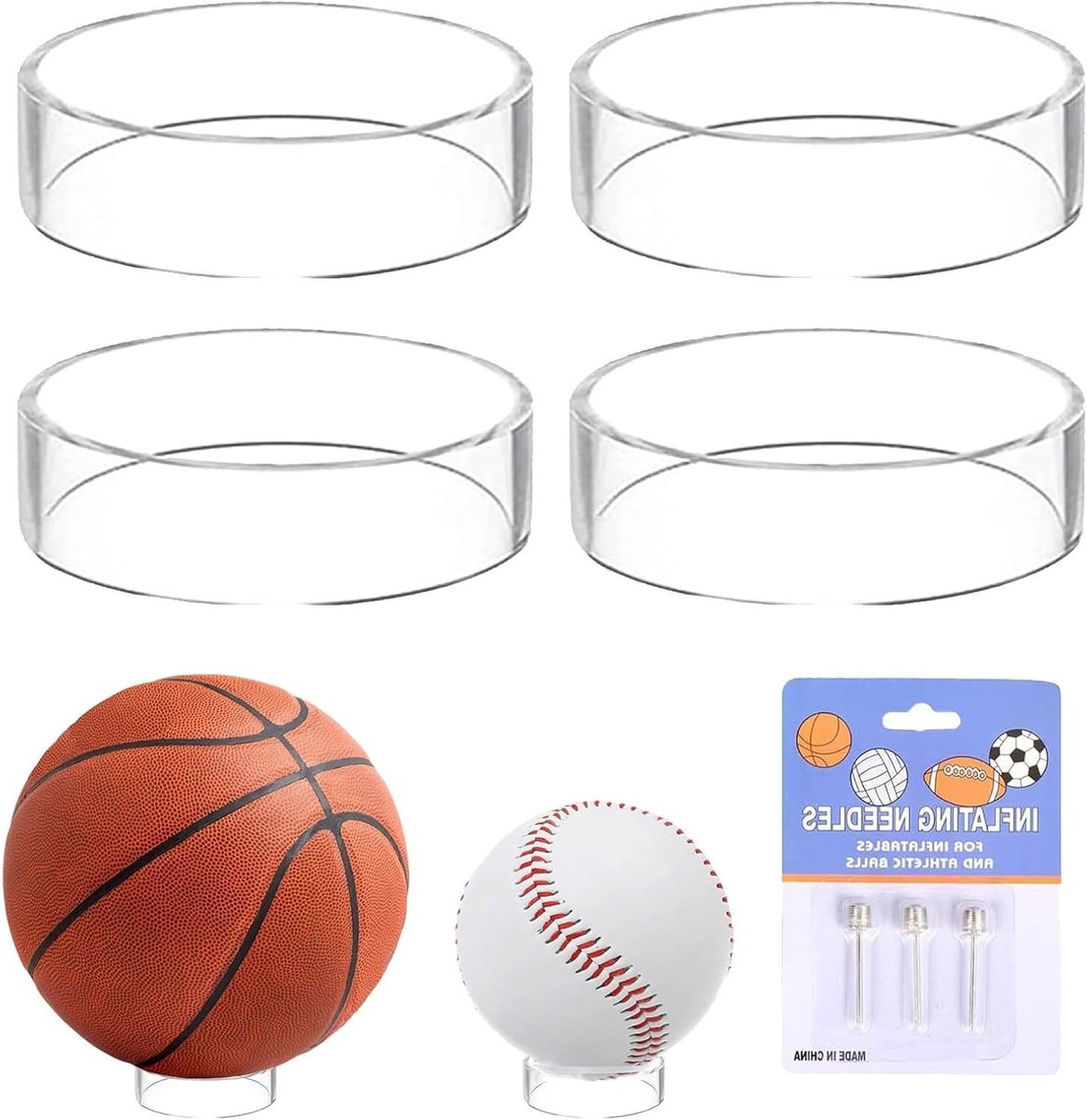 Set van 5 Acryl Ballenhouders voor Voetbal, Basketbal en Volleybal met 3 Inflatable Naalden