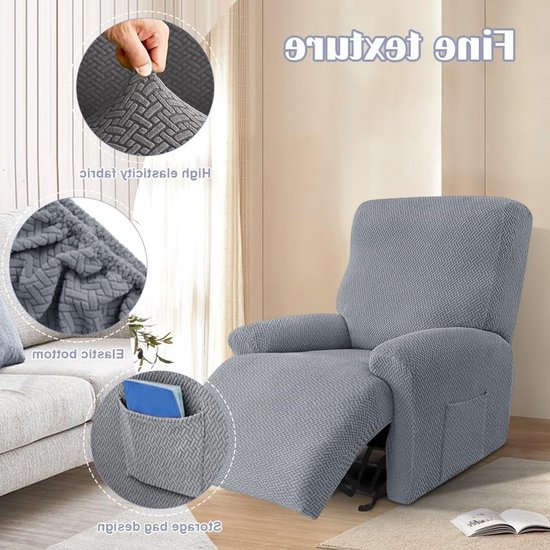 Set van 4 Rekbare Stoelhoezen met Zakjes - Eenvoudige Bescherming voor Relaxstoelen en TV-Stoelen in Lichtgrijs, Perfecte Stoelhoes voor Armleuningen — afbeelding 2