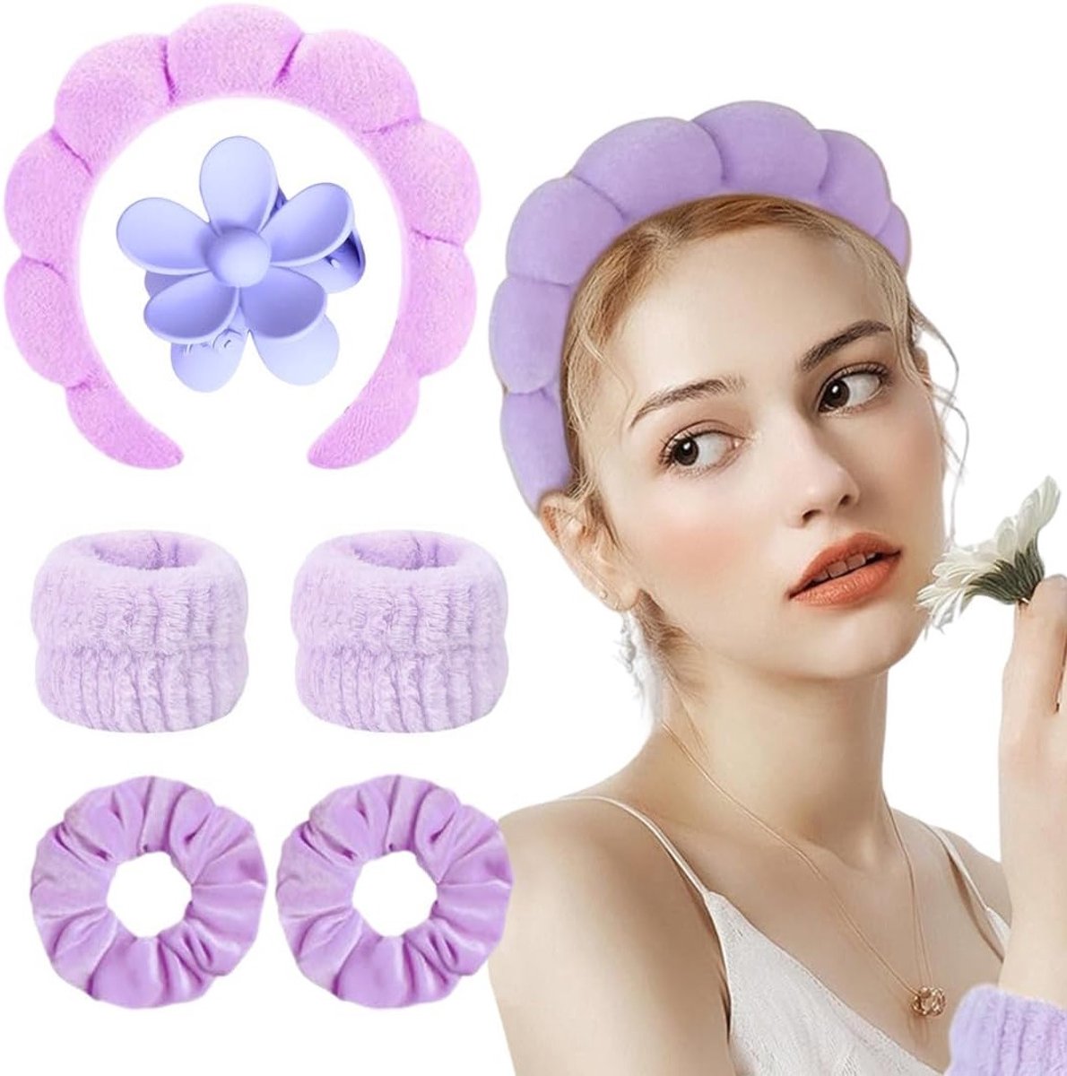 Make-up Haarband voor Vrouwen met Spons, Fleece Polsbanden en Haarspelden - Ideaal voor Huidverzorging, Douchen en Make-up Applicatie (Paars)