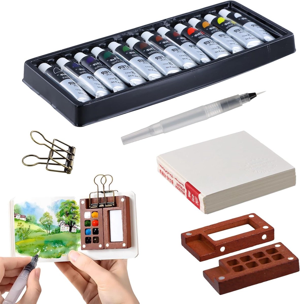 Mini Watercolor Reisset met 12 Kleuren - Draagbare Verfdoos, Schetsboek, Palet en Waterkwast voor Creatieve Reizen