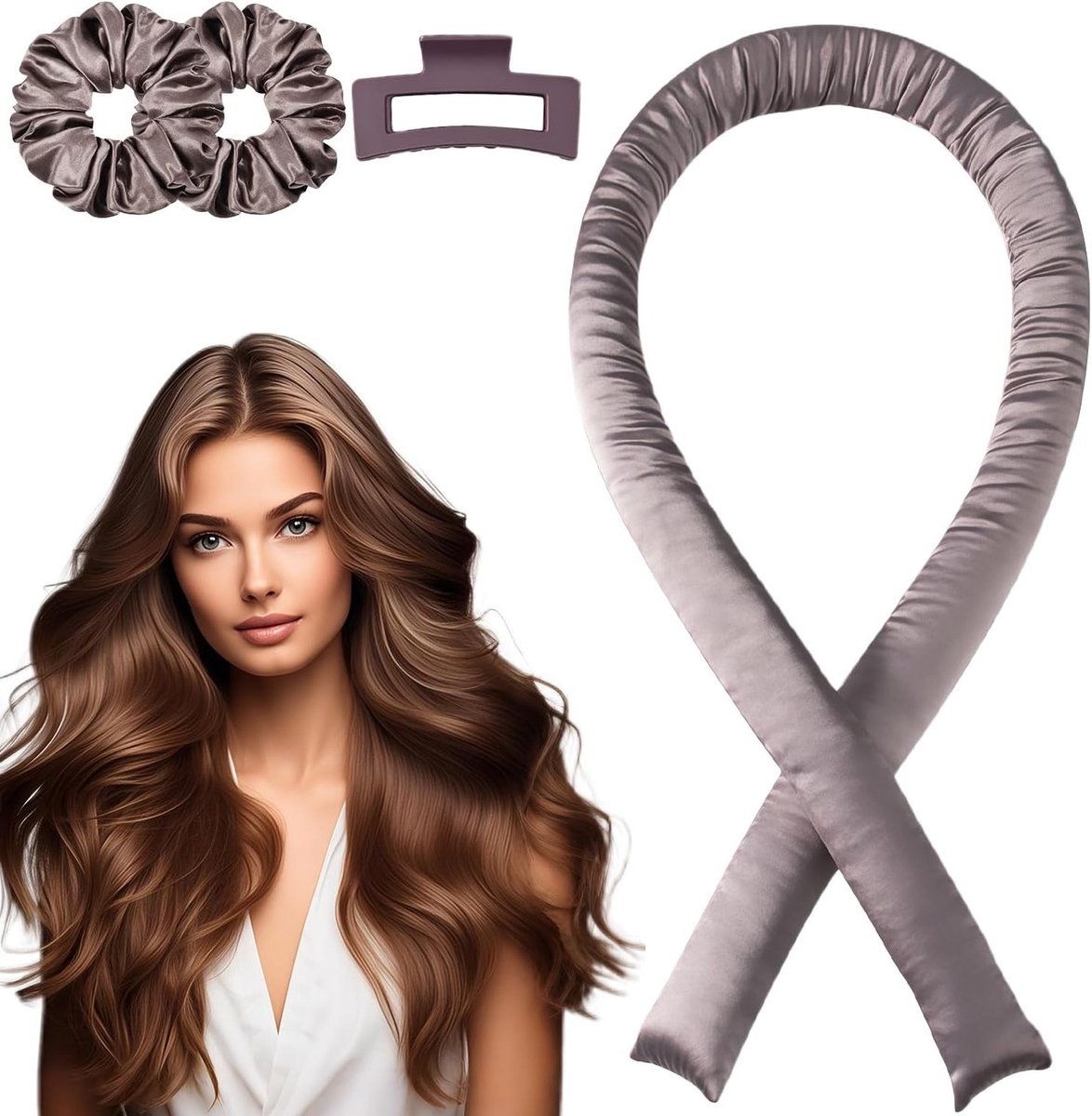 SnelShoppen - Heatless Hair Curler Set voor Droomgolf Haar Krullen zonder Hitte, Ideaal voor Lang Haar, Overnacht Styling, Donkerbruin, Haarbeschermin