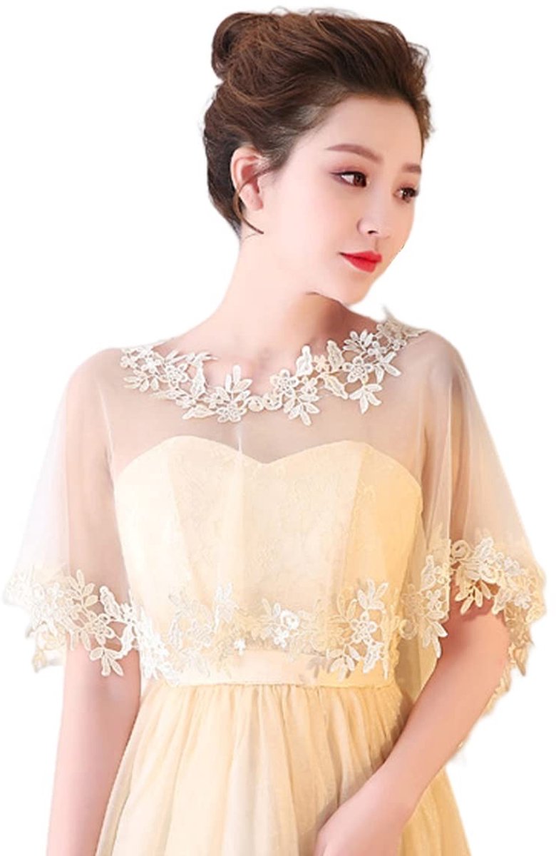 Allecto - Trouwcape - Bloem geborduurd - Bolero sjaal - Champagne kleur - Elegante afwerking - Perfect voor bruiden