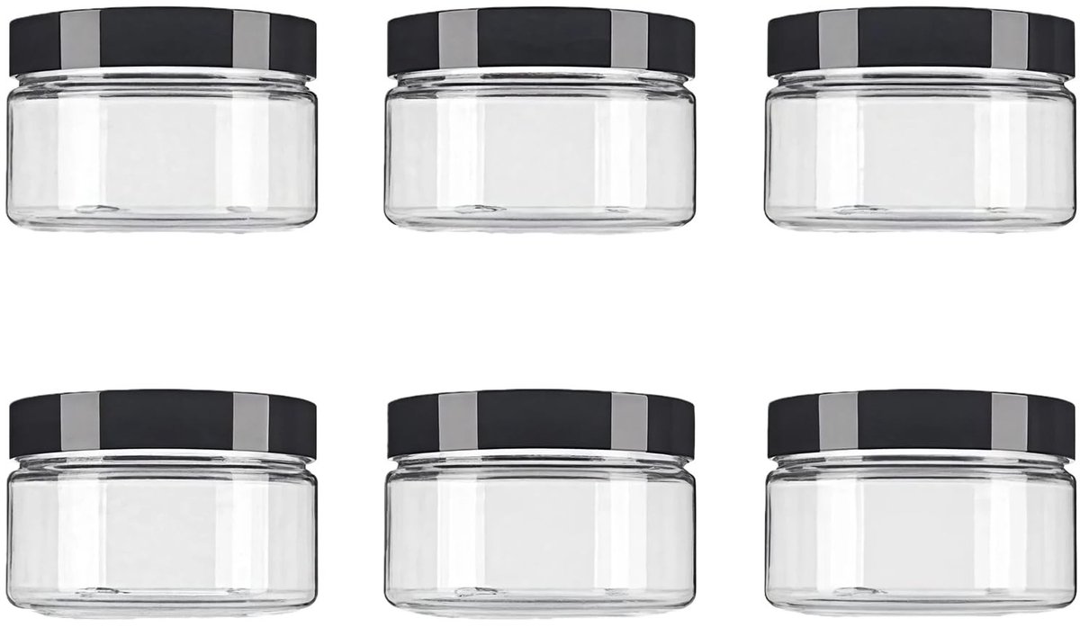 Store_8 - Clear Plastic Jar - Refillable Cosmetic Container - 250ml - Met Zwart Deksel - Voor Lippenbalsem en Crèmes - Set van 6