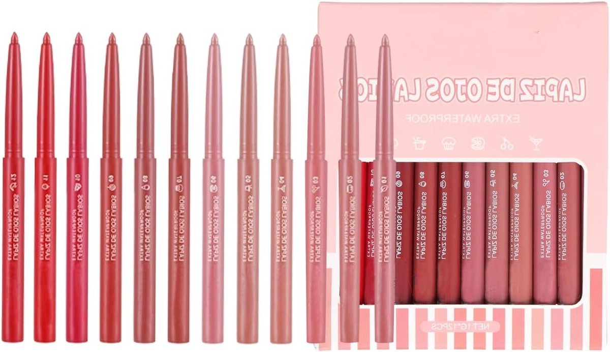 Kleurige Lip Liner Set met 12 Nude Tinten, Waterdichte en Matte Lip Potlood voor Perfecte Lippenmake-up, Hoog Gepigmenteerd en Peel Off Effect