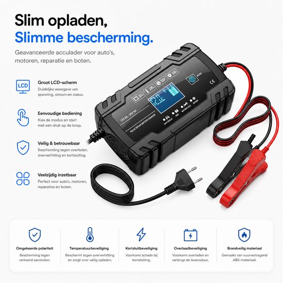 Sounix Acculader - 12/24V - 8A/4A - 96W - Accu Lader voor Auto / Motor / Scooter / Boot / Camper - Zwart