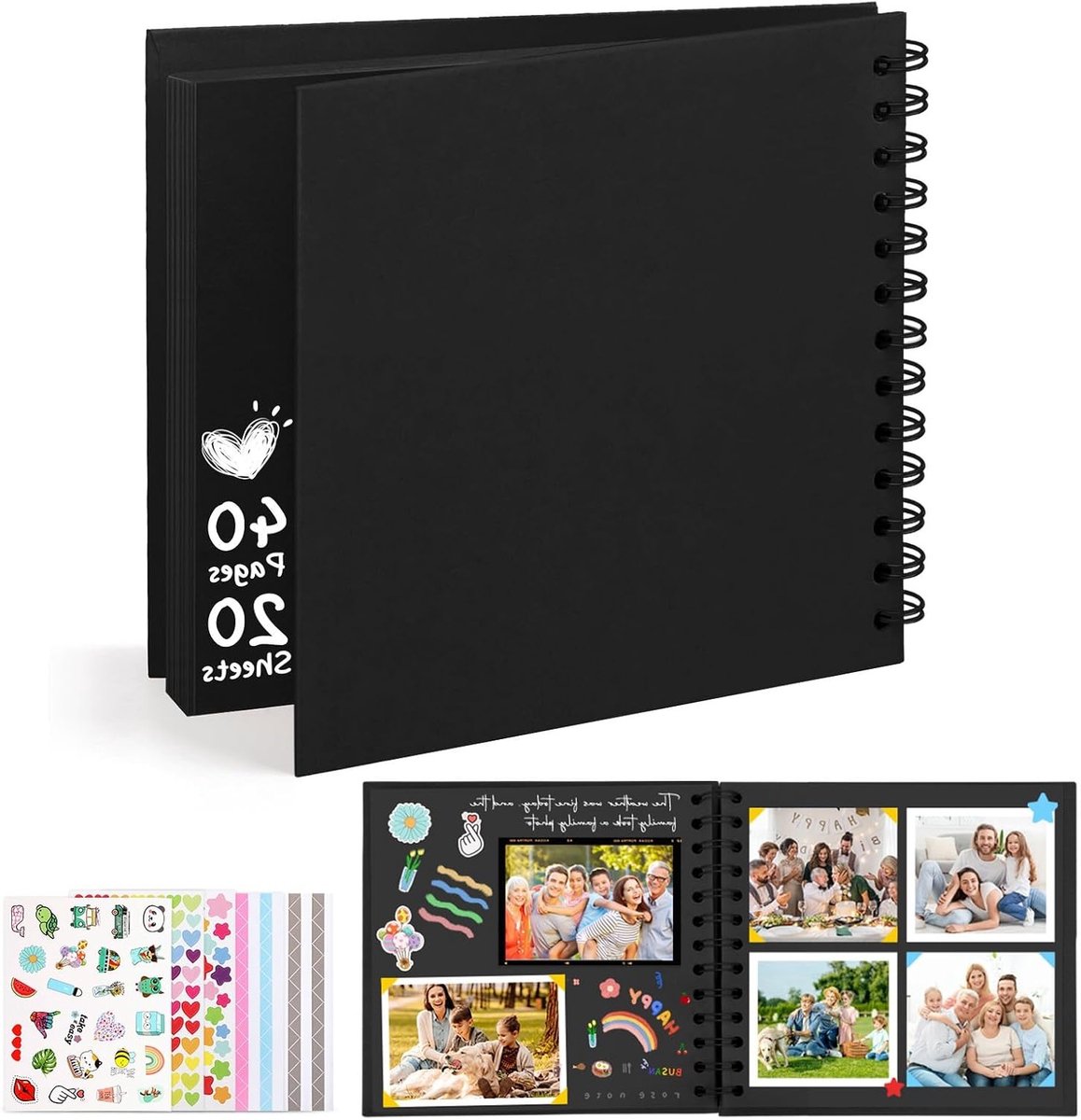 Persoonlijk Fotoboek Scrapbook, 6 Inch DIY Herinneringen Album, Vierkant Hardcover voor Bruiloften, Baby's en Jubilea, Perfect Cadeau voor Hem/Haars, Zwart, 20 Bladen