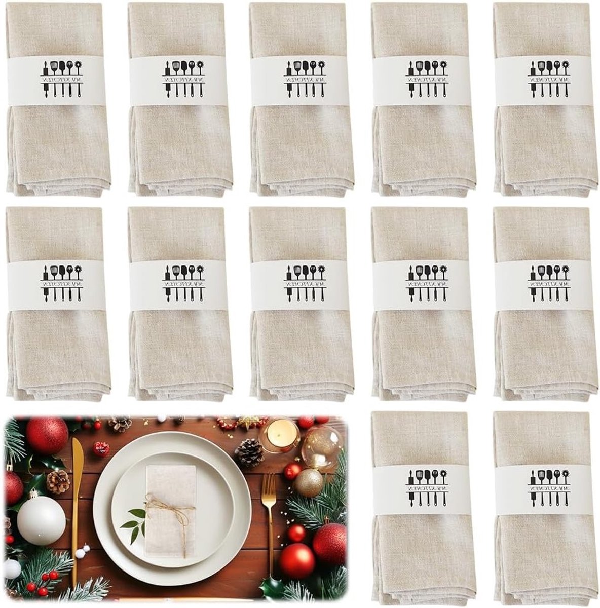 Set van 12 Linnen Stoffen Servetten Beige 40x40 cm Herbruikbaar voor Dingen en Feesten