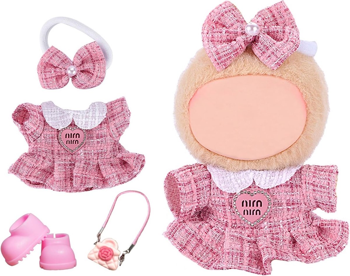 Kleding voor 17 cm Poppen, Inclusief Roze Jurk, Vlinderknopen, Schoenen en Rugzak, Perfect voor Speelgoedpoppen en Verzamelaars