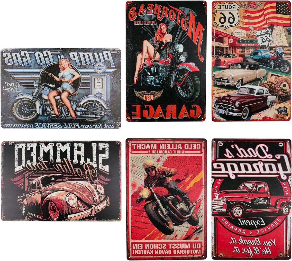 Set van 6 Retro Metaal Signs, 20 x 30 cm, Wanddecoratie voor Garage, Werkplaats en Bar, Vintage Auto Kunst