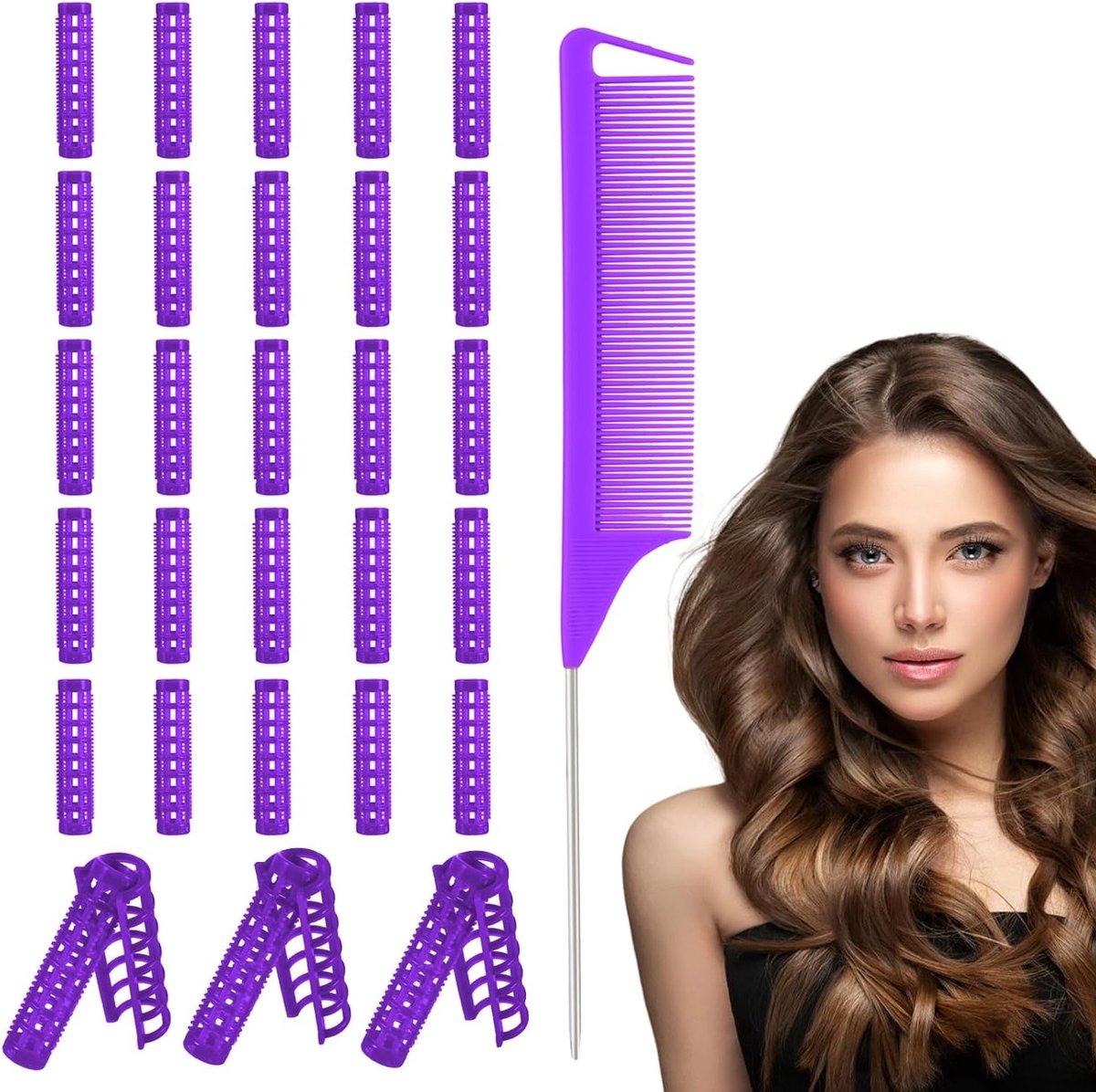 28-delige set kleine plastic haarrollers van 0,6 inch voor vrouwen met ratstaartkam, hittevrije snap-on rollers voor styling van kort, dun en fijn haar