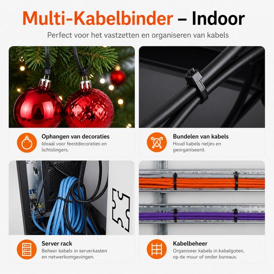Zwarte kabelbinders in gebruik voor het ophangen van kerstdecoratie, bundelen van kabels en kabelbeheer.