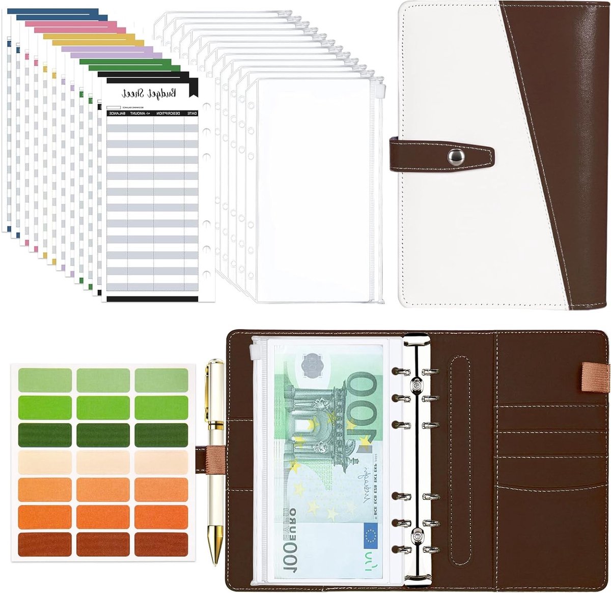 Budget Planner A6 - Geld Organizer met Zachte PVC Tas, 6-Gat Leer Ringband, Notitieboek en Cash Stuffing Compartimenten voor Huishoudboekhouding, Bruin