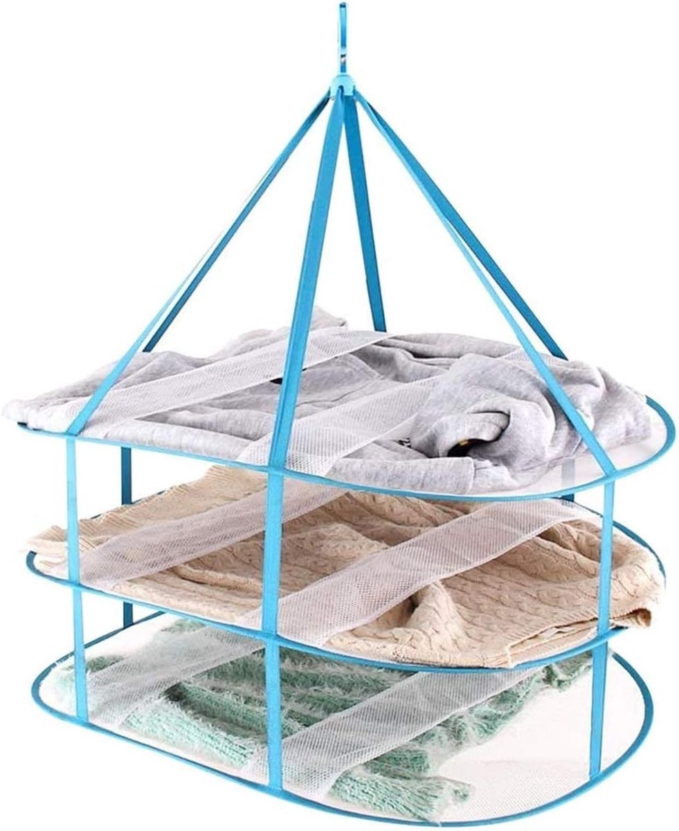 Vouwbare 3-laagse winddichte droogmand voor het liggend drogen van truien, textielnet, blauw, multifunctioneel en ruimtebesparend