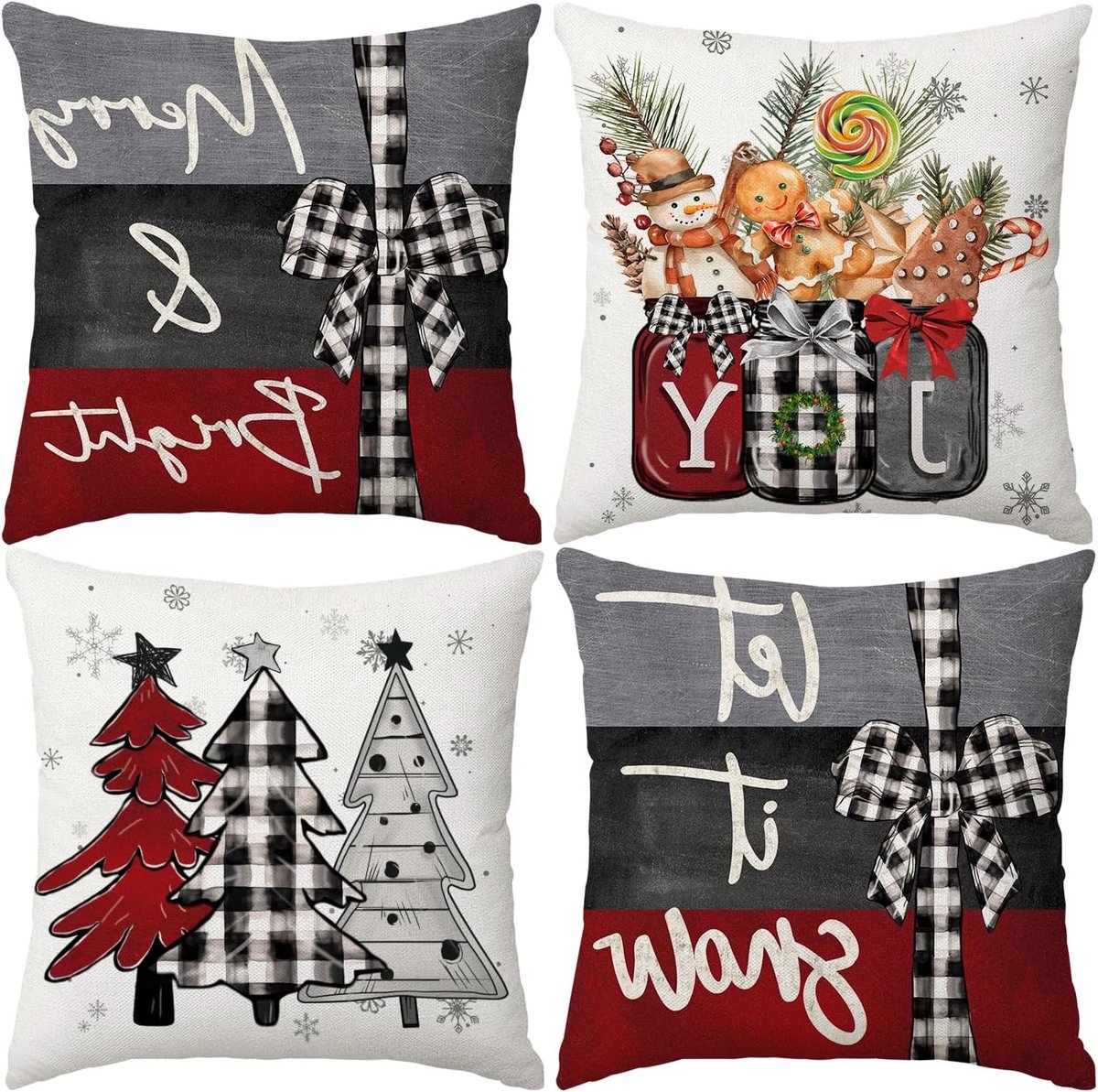 Kerst Kussenhoezen 50x50cm Set van 4 met Merry Christmas, Joy en Kerstbomen in Rood en Zwart voor Sofa en Bankdecoratie
