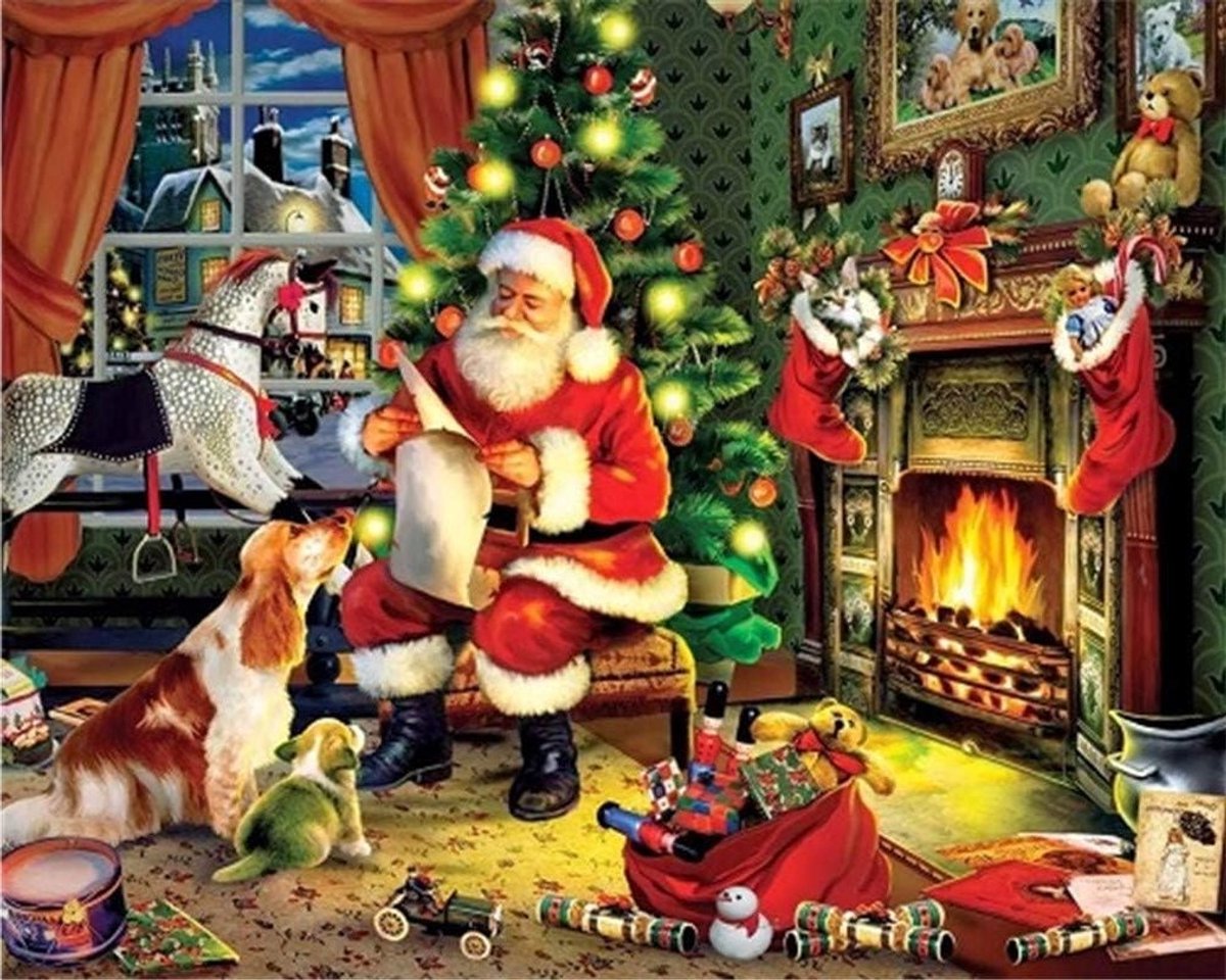 DIY Verf op Nummer voor Volwassenen en Kinderen, Kerstman Onder de Kerstboom, Honden, 40 x 50 cm, Linnen Canvas, Creatief Cadeau voor Stressvermindering
