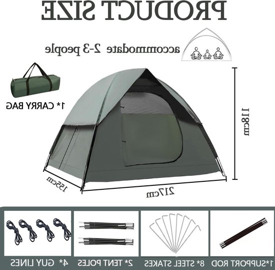 Kampeertent 3 Personen - Lichtgewicht Tent - Outdoor Activiteiten - Waterdicht Winddicht - 217 x 155 cm - Legergroen — afbeelding 3