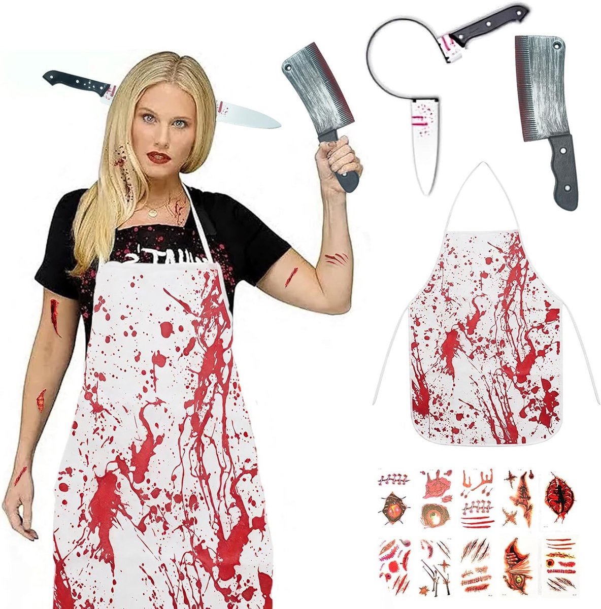 Griezelig Halloween Slagerskostuum voor Volwassenen met Schort en Haaraccessoire - Perfect voor Horror Feesten en Verkleedpartijen