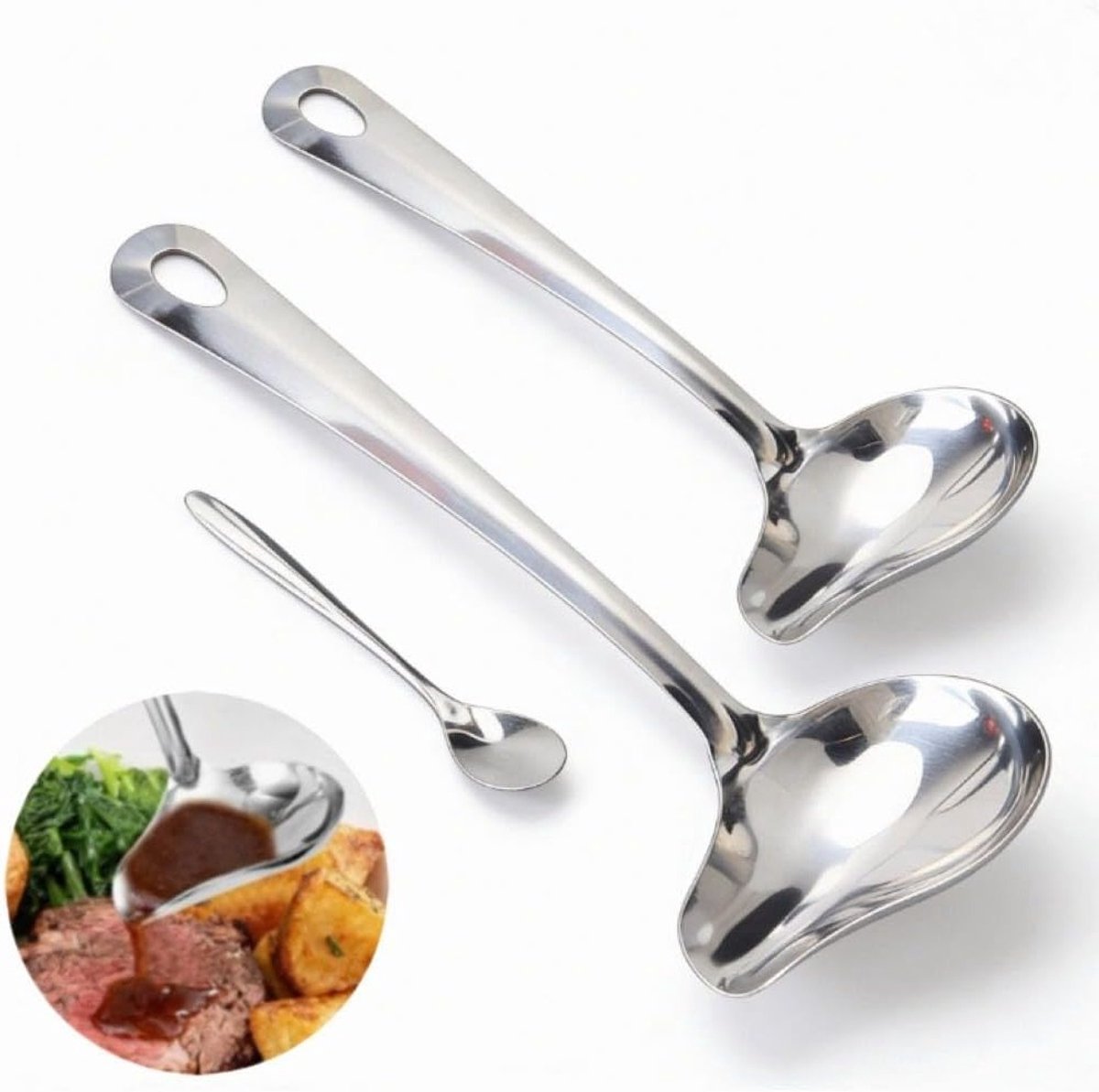 Set van 2 RVS Sauslepels en Soeplepel met Tuit - Ideaal voor Keuken, Feestjes en Diner