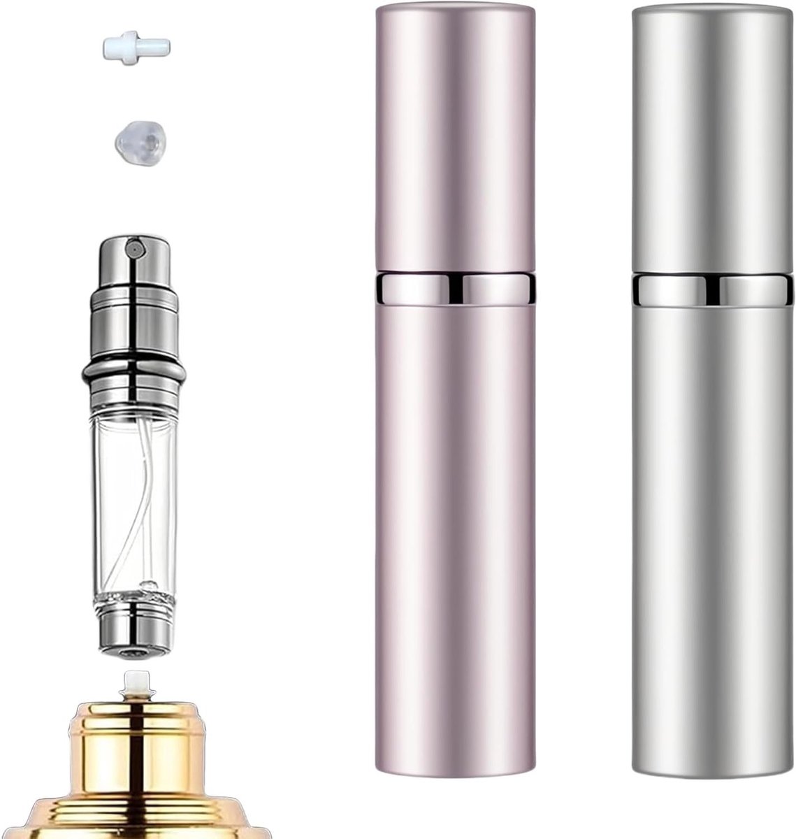 Herbruikbare Refillable Spray Flacon voor Parfum, 2-Pack Mini Atomizers voor Reizen, Wandelen en Uitgaan (5ml, Zilver, Roze)